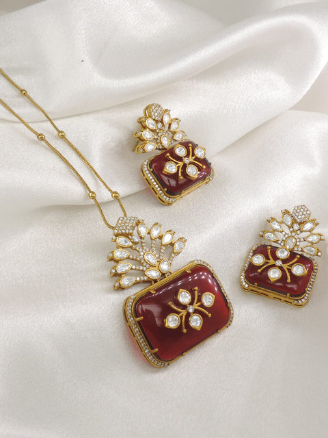 Ruby AD Necklace Set with Matching Earrings Featuring Floral Motifs by Joyrias
