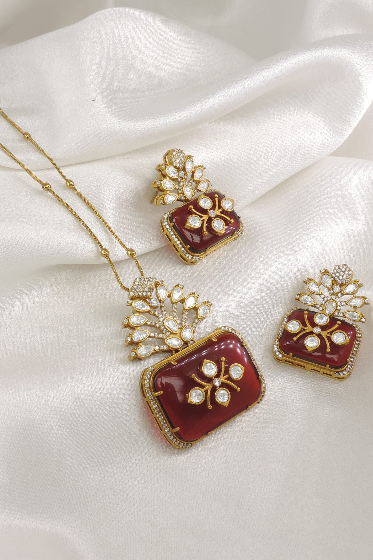 Ruby AD Necklace Set with Matching Earrings Featuring Floral Motifs by Joyrias