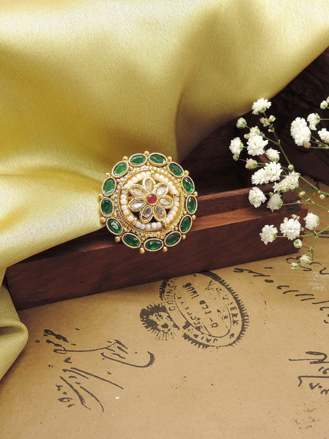 Round AD Kundan cocktail ring with green accents – Indian American diamond ring USA – Joyrias