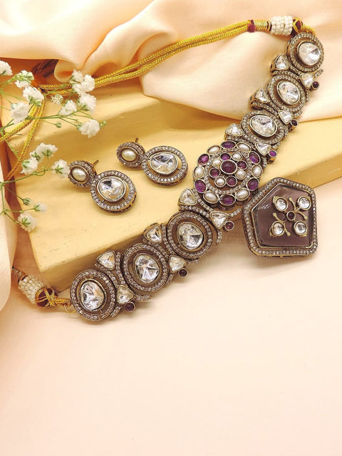 Antique gold plated Kundan with Polki choker necklace set with earrings – Indian bridal jewelry USA – Joyrias