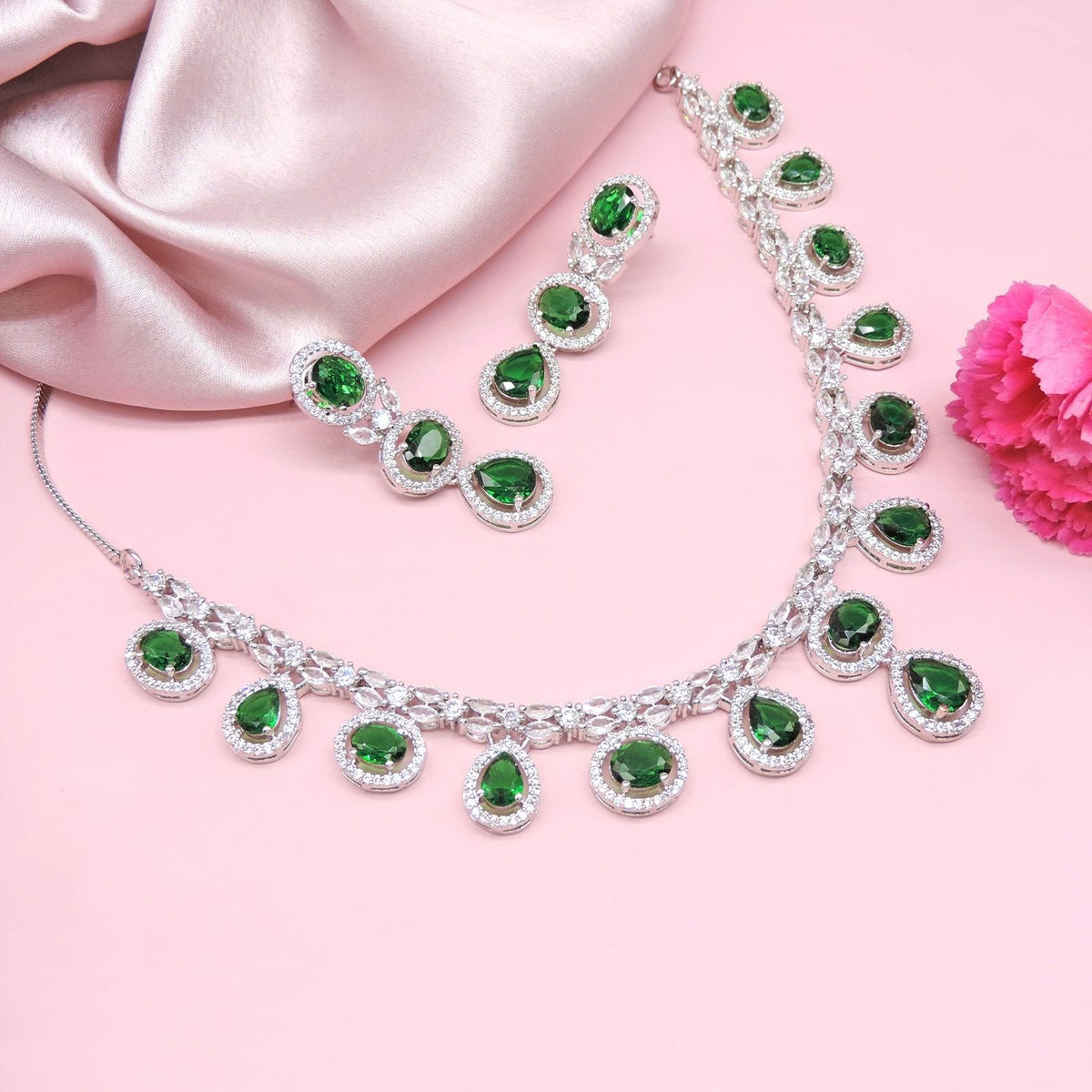 Emerald necklace and earring set in AD – Indian American diamond emerald necklace USA – Joyrias