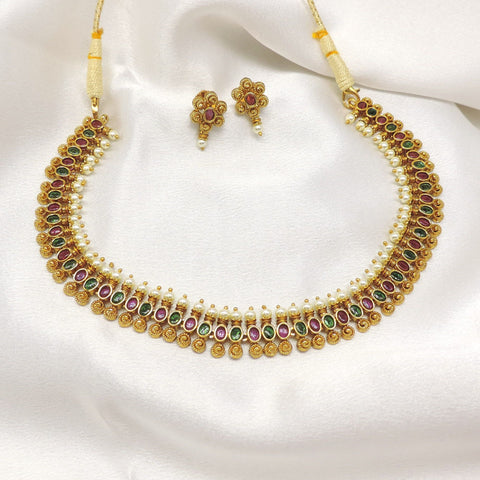 Pink Green Pearl Necklace Set by Joyrias