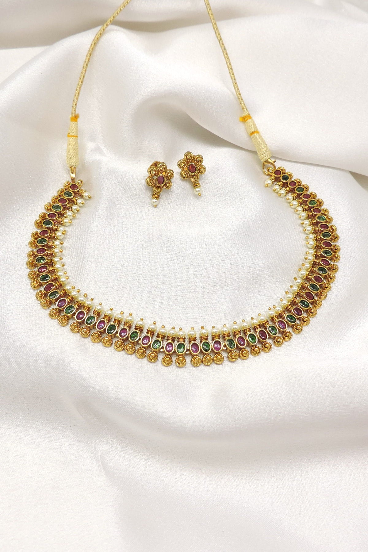 Pink Green Pearl Necklace Set by Joyrias