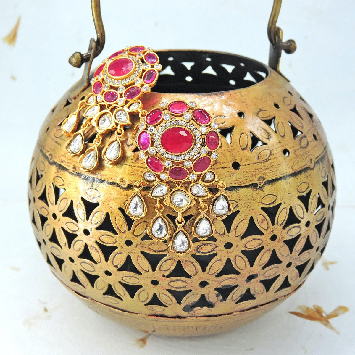 Pink stone with Kundan earrings – Indian pink Kundan earrings for festive wear USA – Joyrias