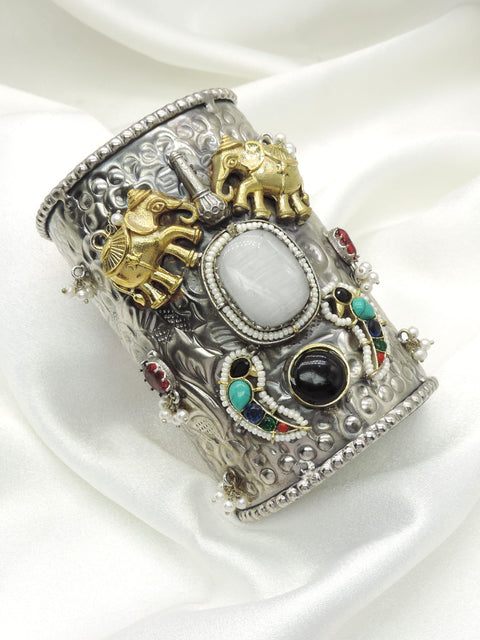 Boho Elephant Cuff Bracelet | Tribal Dual Tone Statement Kada