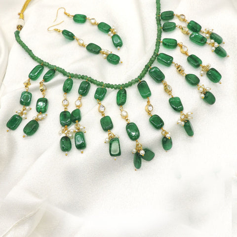 Elegant green accent stone imitation necklace set with faux pearls and CZ accents