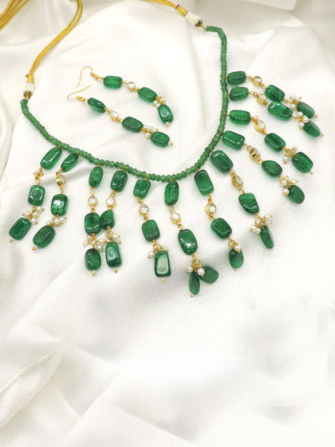 Elegant green accent stone imitation necklace set with faux pearls and CZ accents
