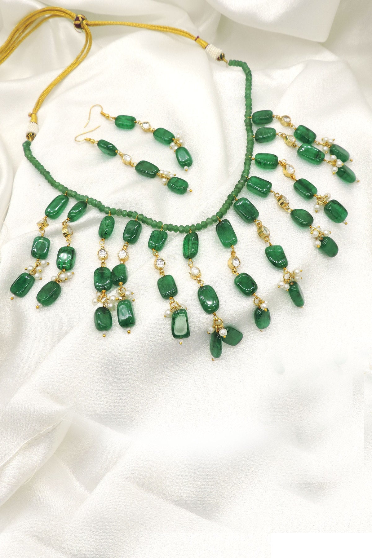 Elegant green accent stone imitation necklace set with faux pearls and CZ accents