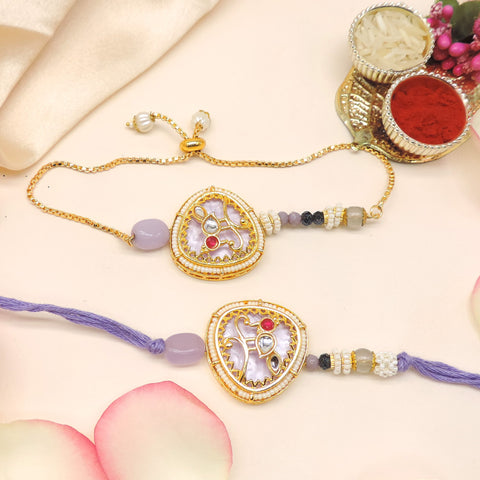 Kundan Heart Pearl Bhaiya Bhabhi Rakhi Set