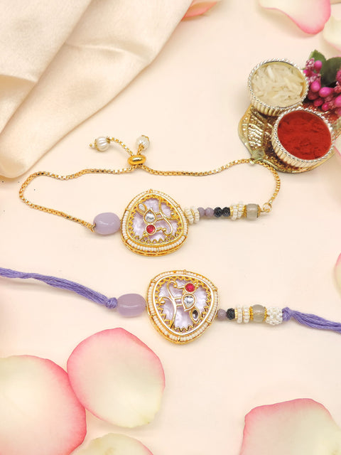 Kundan Heart Pearl Bhaiya Bhabhi Rakhi Set