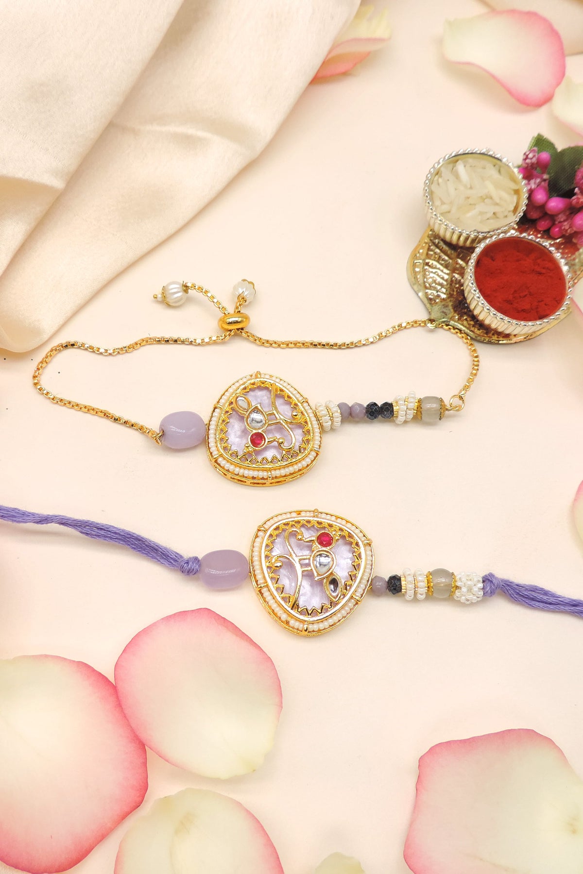 Kundan Heart Pearl Bhaiya Bhabhi Rakhi Set
