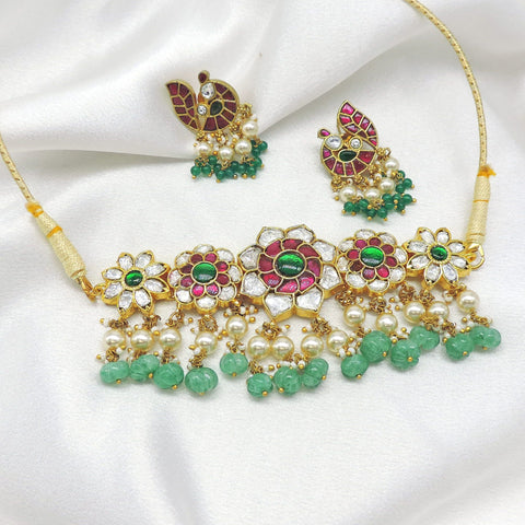 Green pink floral necklace set with matching earrings by Joyrias