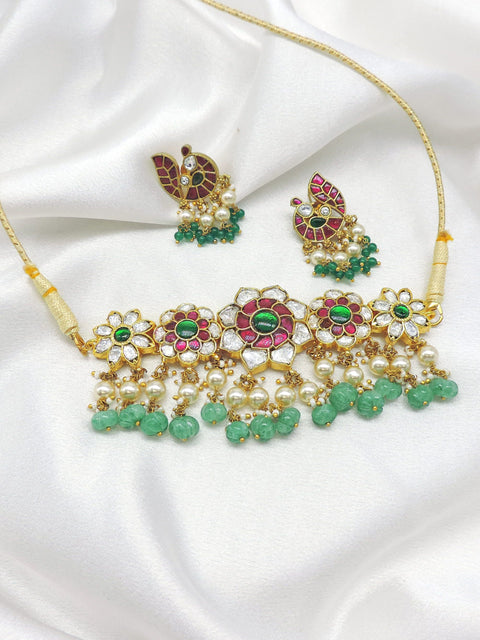 Green pink floral necklace set with matching earrings by Joyrias