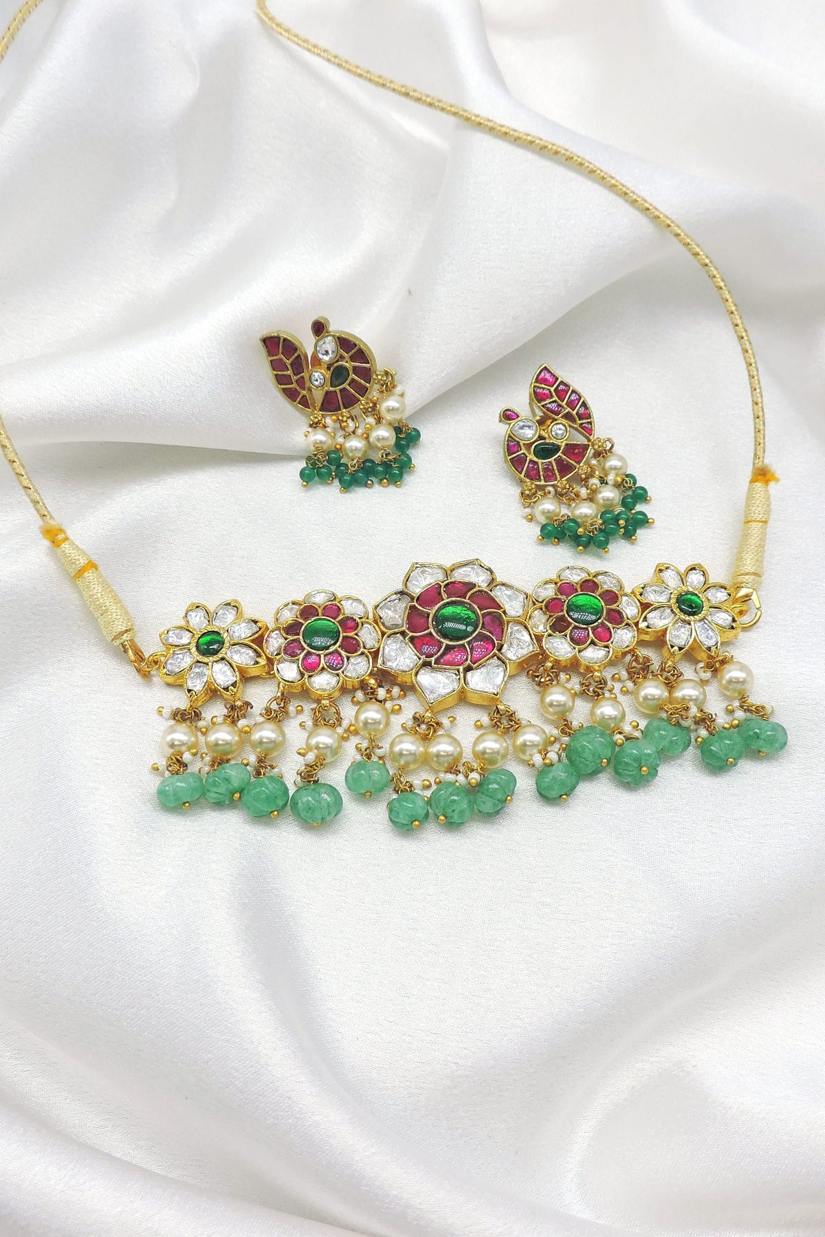 Green pink floral necklace set with matching earrings by Joyrias