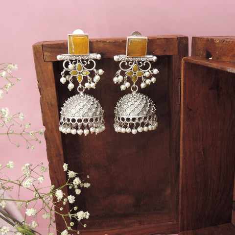 Oxidized silver jhumka earrings with yellow stones – Indian ethnic jhumka for weddings USA – Joyrias