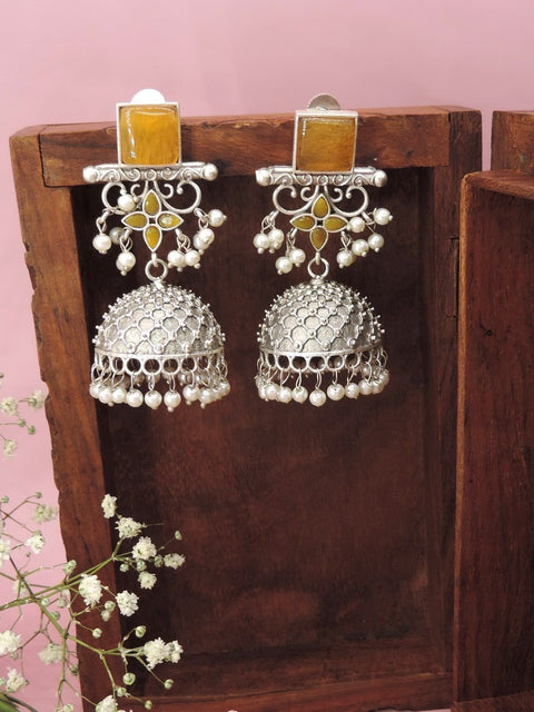 Oxidized silver jhumka earrings with yellow stones – Indian ethnic jhumka for weddings USA – Joyrias