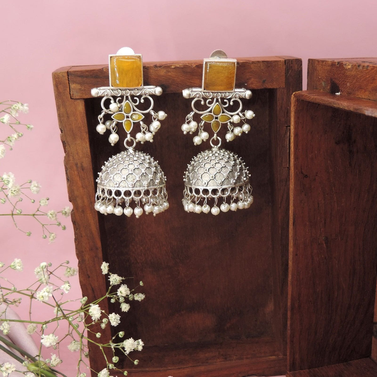 Oxidized silver jhumka earrings with yellow stones – Indian ethnic jhumka for weddings USA – Joyrias