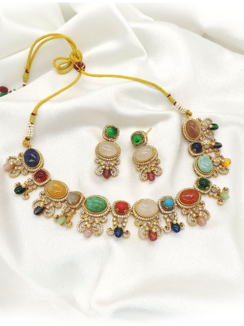 Regal pearl circular pendant imitation choker set with faux pearls, red and white accent stones, CZ accents, and matching earrings