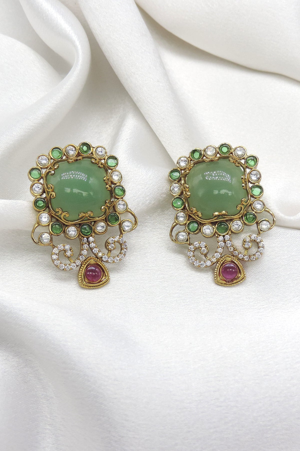 Green Kundan Stud Earrings by Joyrias