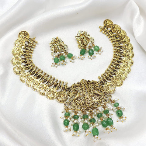 Temple coin pearl green bead necklace set with matching earrings by joyrias