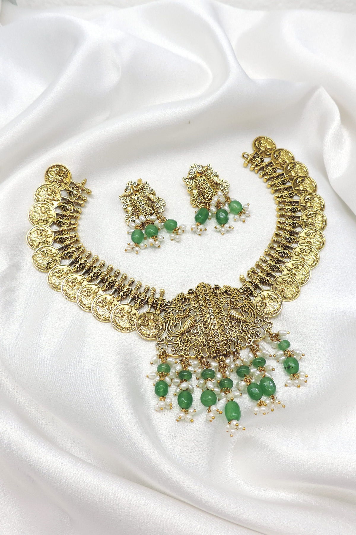 Temple coin pearl green bead necklace set with matching earrings by joyrias