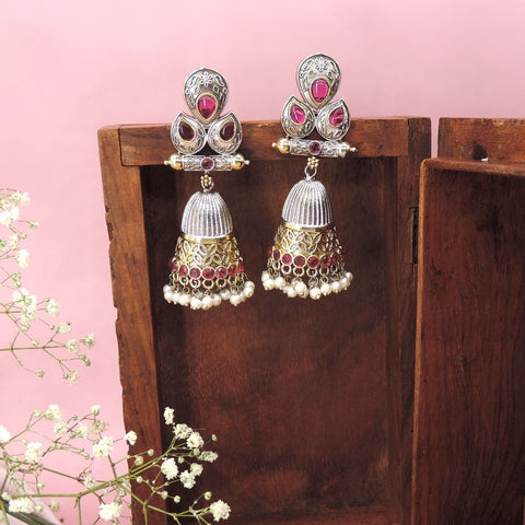 Oxidized silver jhumka earrings with pink stones – Indian festive jhumka earrings USA – Joyrias