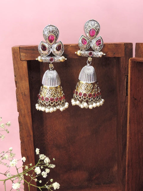 Oxidized silver jhumka earrings with pink stones – Indian festive jhumka earrings USA – Joyrias
