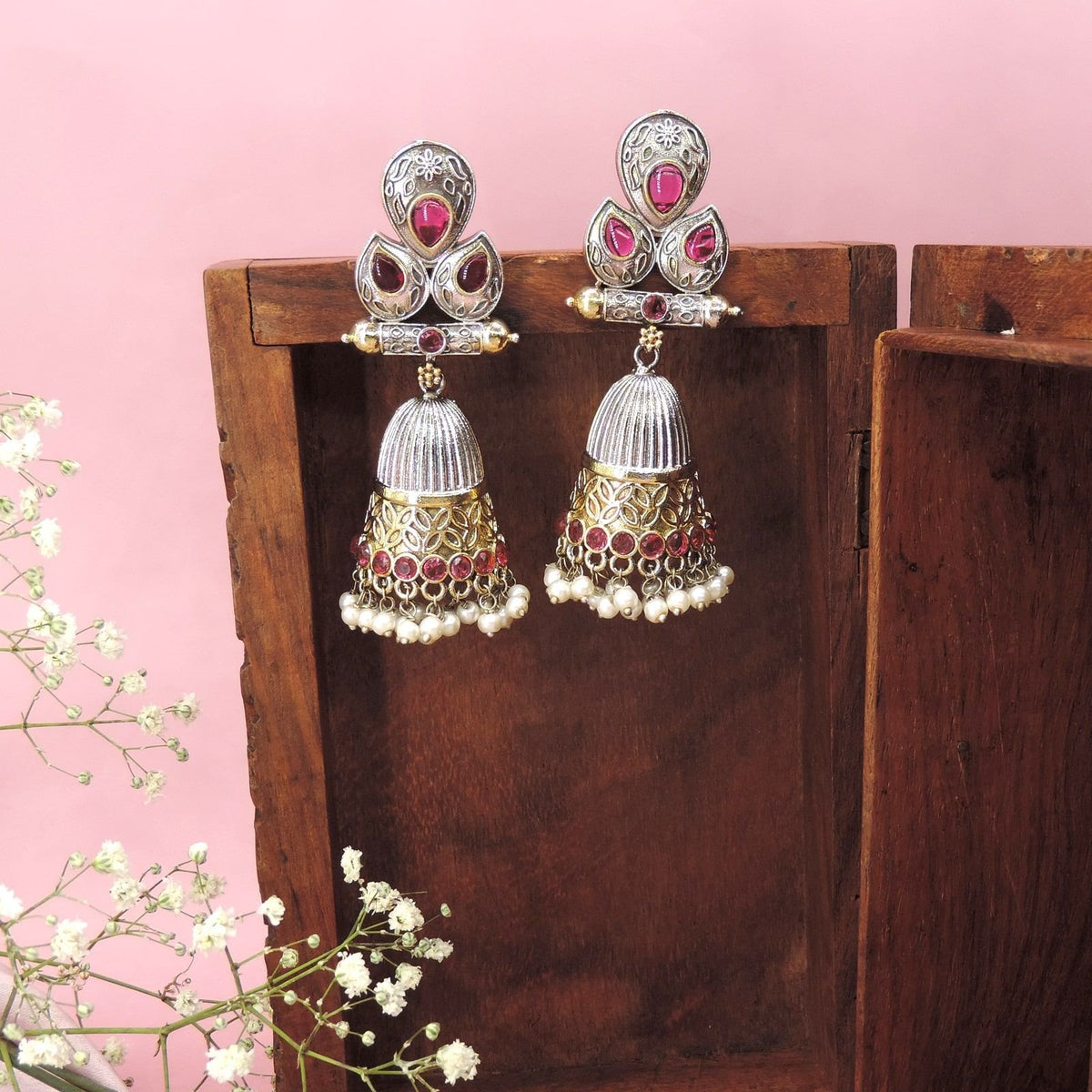 Oxidized silver jhumka earrings with pink stones – Indian festive jhumka earrings USA – Joyrias