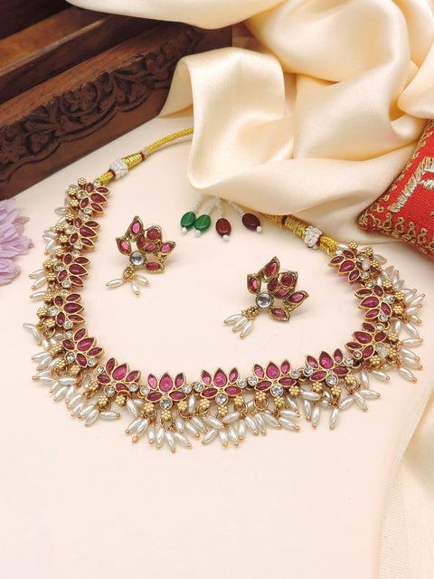 Ruby and pearl lotus necklace set – Indian temple jewelry for weddings USA – Joyrias