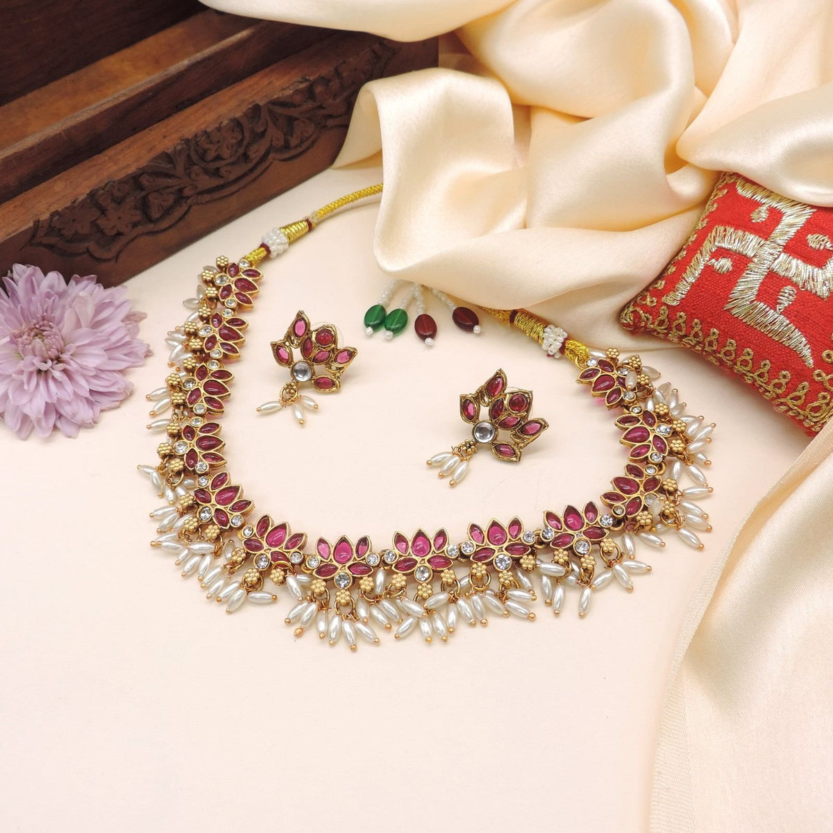 Ruby and pearl lotus necklace set – Indian temple jewelry for weddings USA – Joyrias