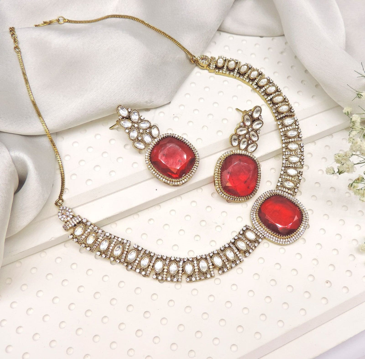 Royal red Kundan necklace set with earrings – Indian bridal and party wear jewelry USA – Joyrias