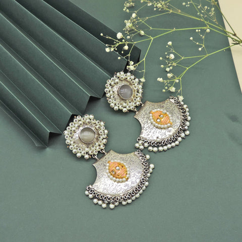 Yellow stone classic silver tone drop earrings – Indian ethnic earrings for Navratri – Joyrias