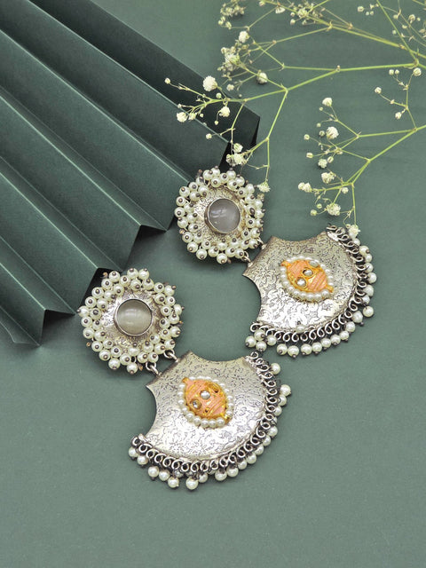 Yellow stone classic silver tone drop earrings – Indian ethnic earrings for Navratri – Joyrias
