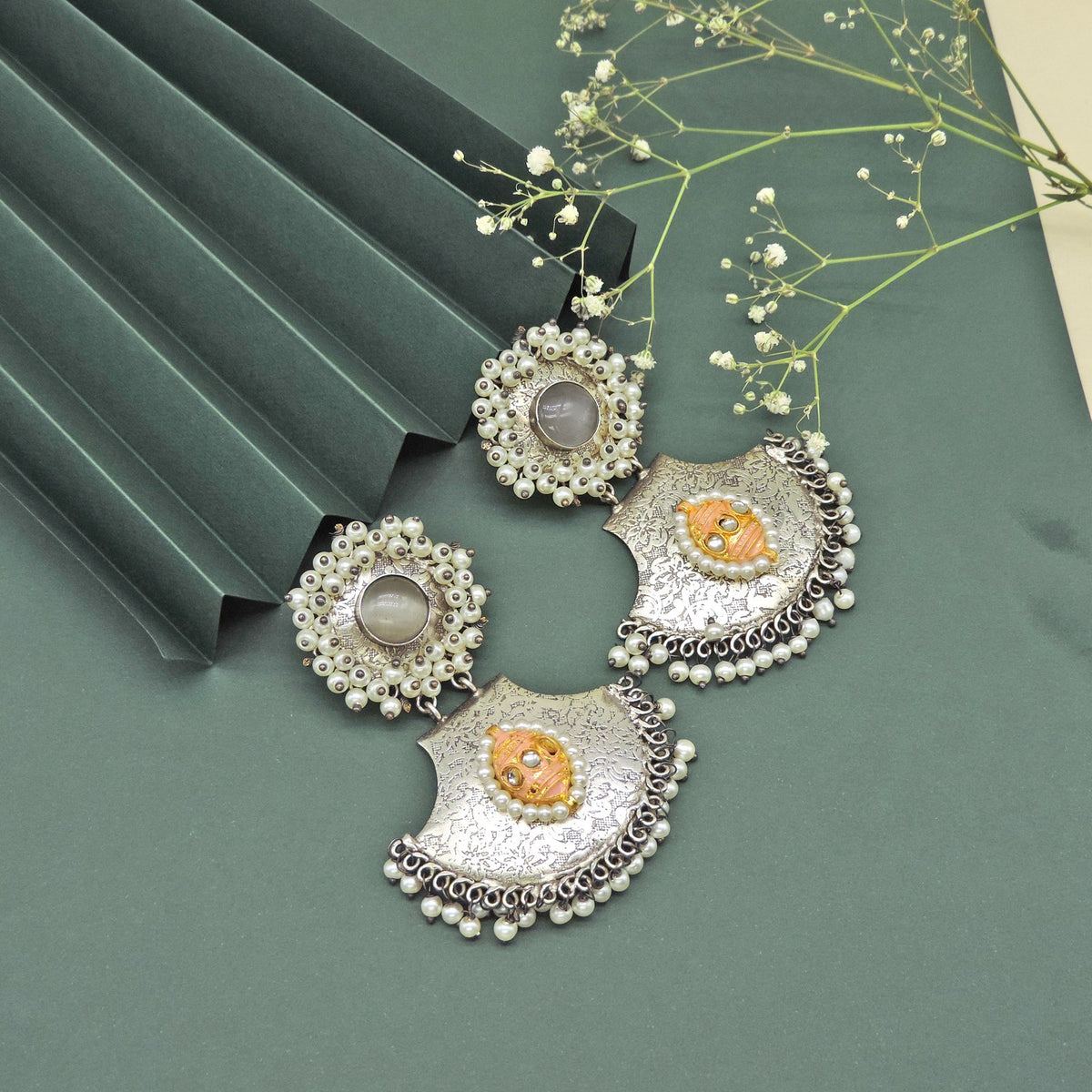 Yellow stone classic silver tone drop earrings – Indian ethnic earrings for Navratri – Joyrias