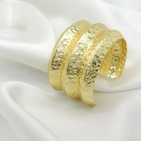Textured Gold Triple Band Cuff Bracelet – Wide Statement Bangle