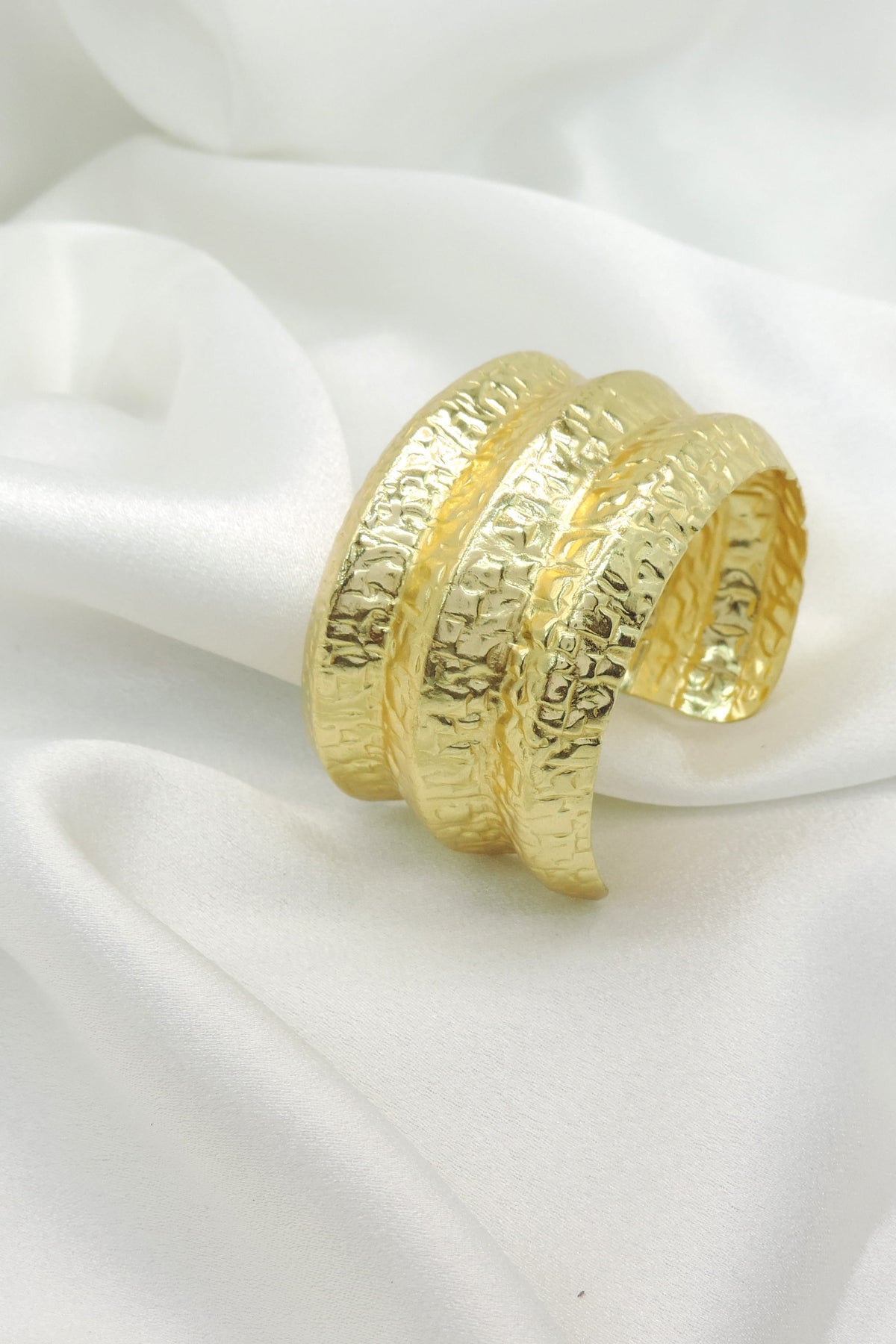 Textured Gold Triple Band Cuff Bracelet – Wide Statement Bangle