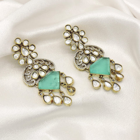 Mint Geometric Kundan AD Earrings by Joyrias