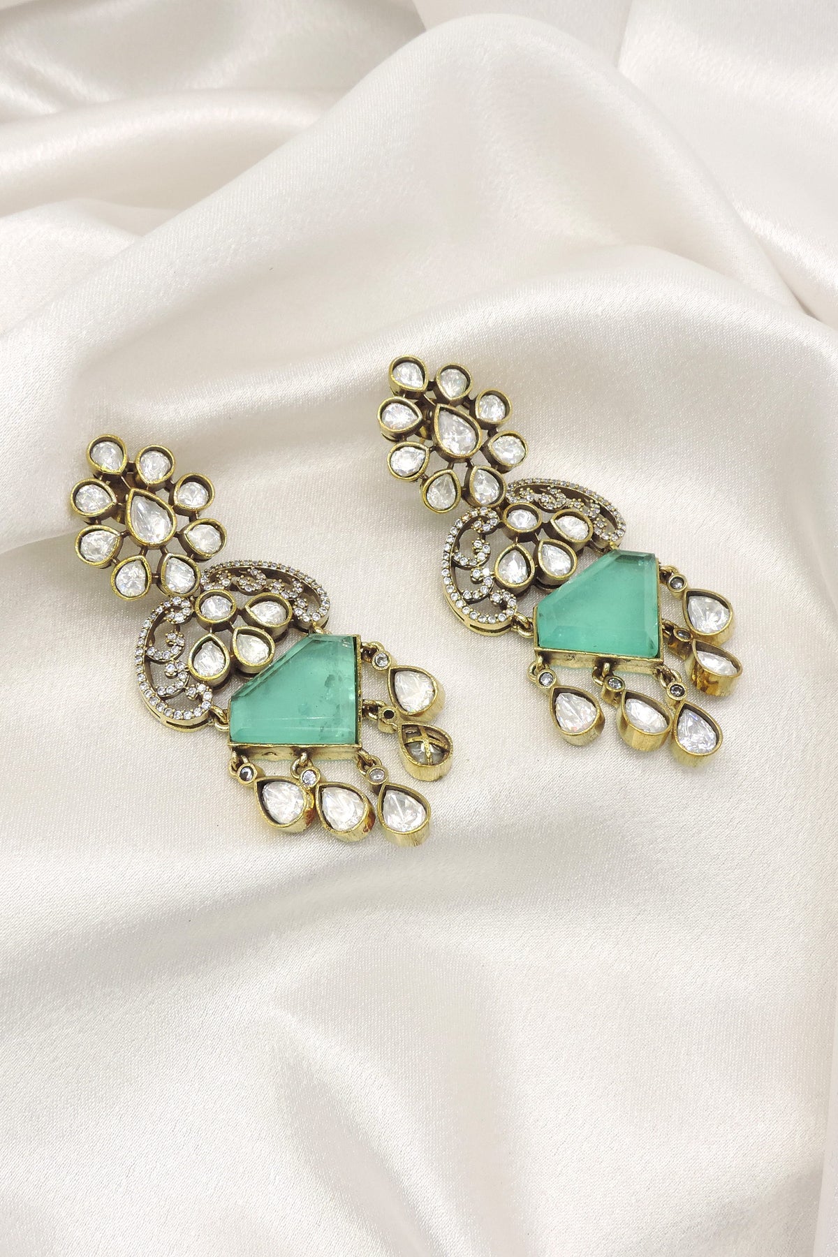 Mint Geometric Kundan AD Earrings by Joyrias