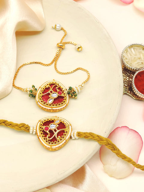 Kundan Heart Pearl Bhaiya Bhabhi Rakhi Set