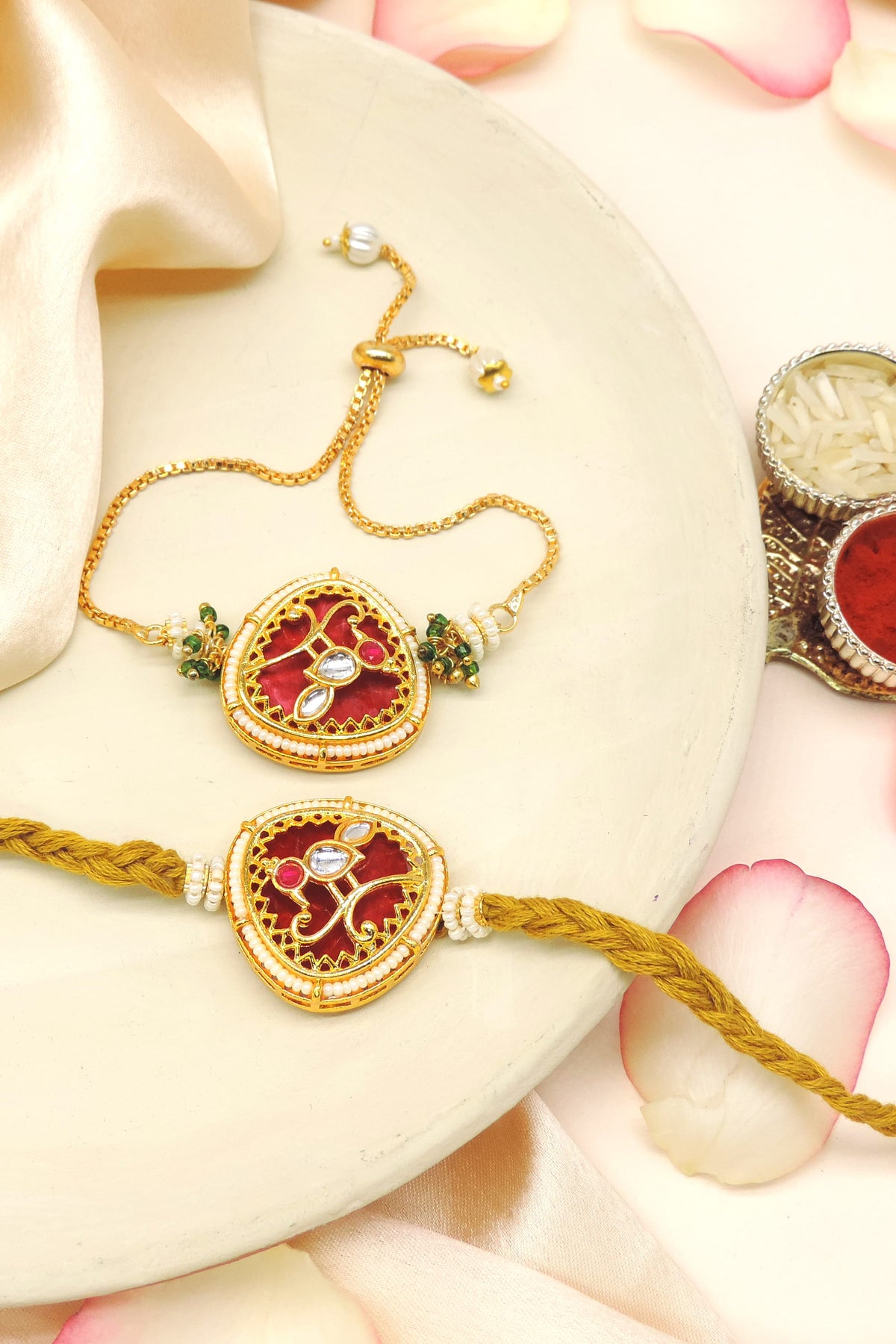 Kundan Heart Pearl Bhaiya Bhabhi Rakhi Set