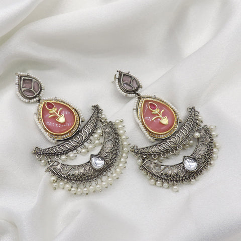 Oxidized silver maroon chandbali pearl earrings with intricate traditional detailing by joyrias