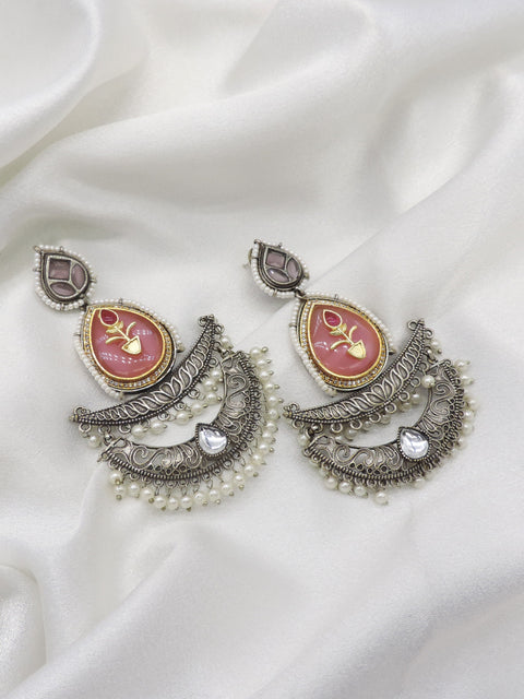 Oxidized silver maroon chandbali pearl earrings with intricate traditional detailing by joyrias