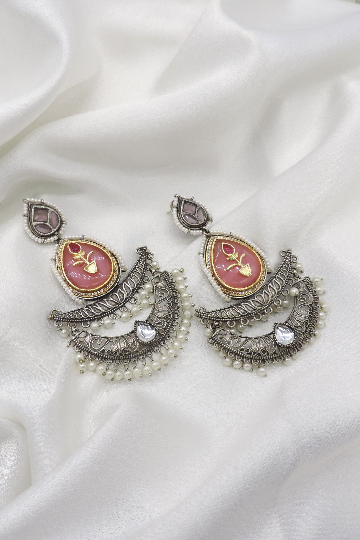 Oxidized silver maroon chandbali pearl earrings with intricate traditional detailing by joyrias