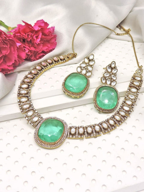 Mint green AD stone choker set – Indian American diamond choker necklace USA – Joyrias
