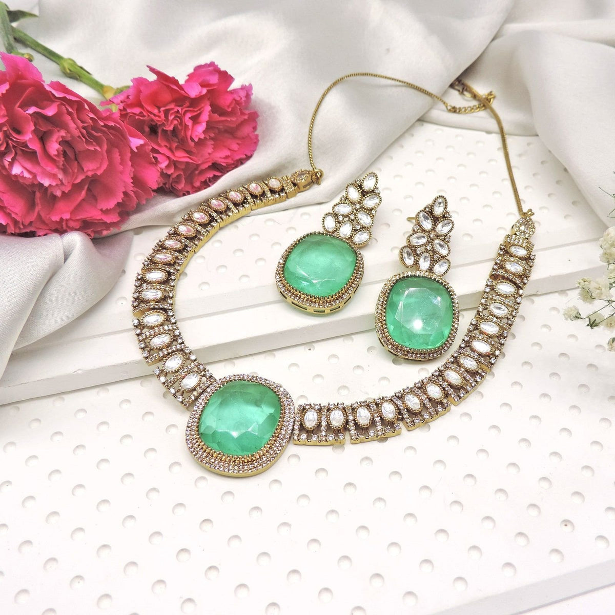 Mint green AD stone choker set – Indian American diamond choker necklace USA – Joyrias