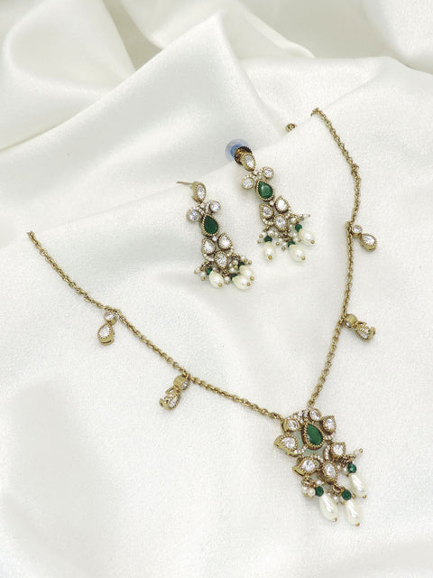 Graceful green teardrop necklace set with pearl accents and matching earrings