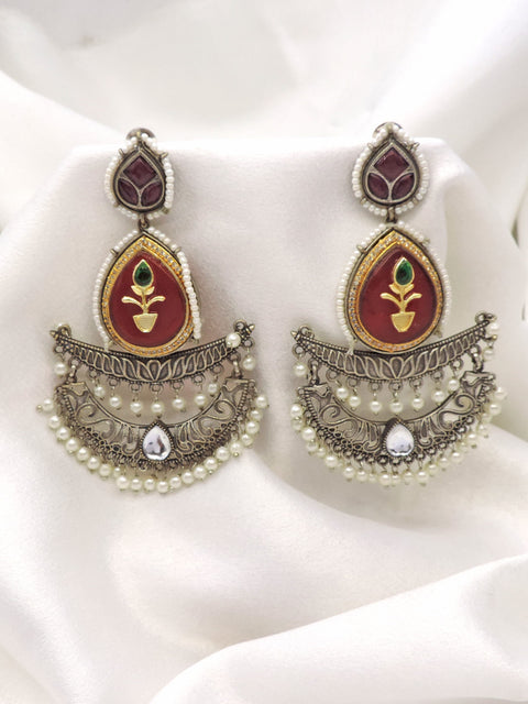 Oxidized Silver Maroon Chandbali Pearl Earrings