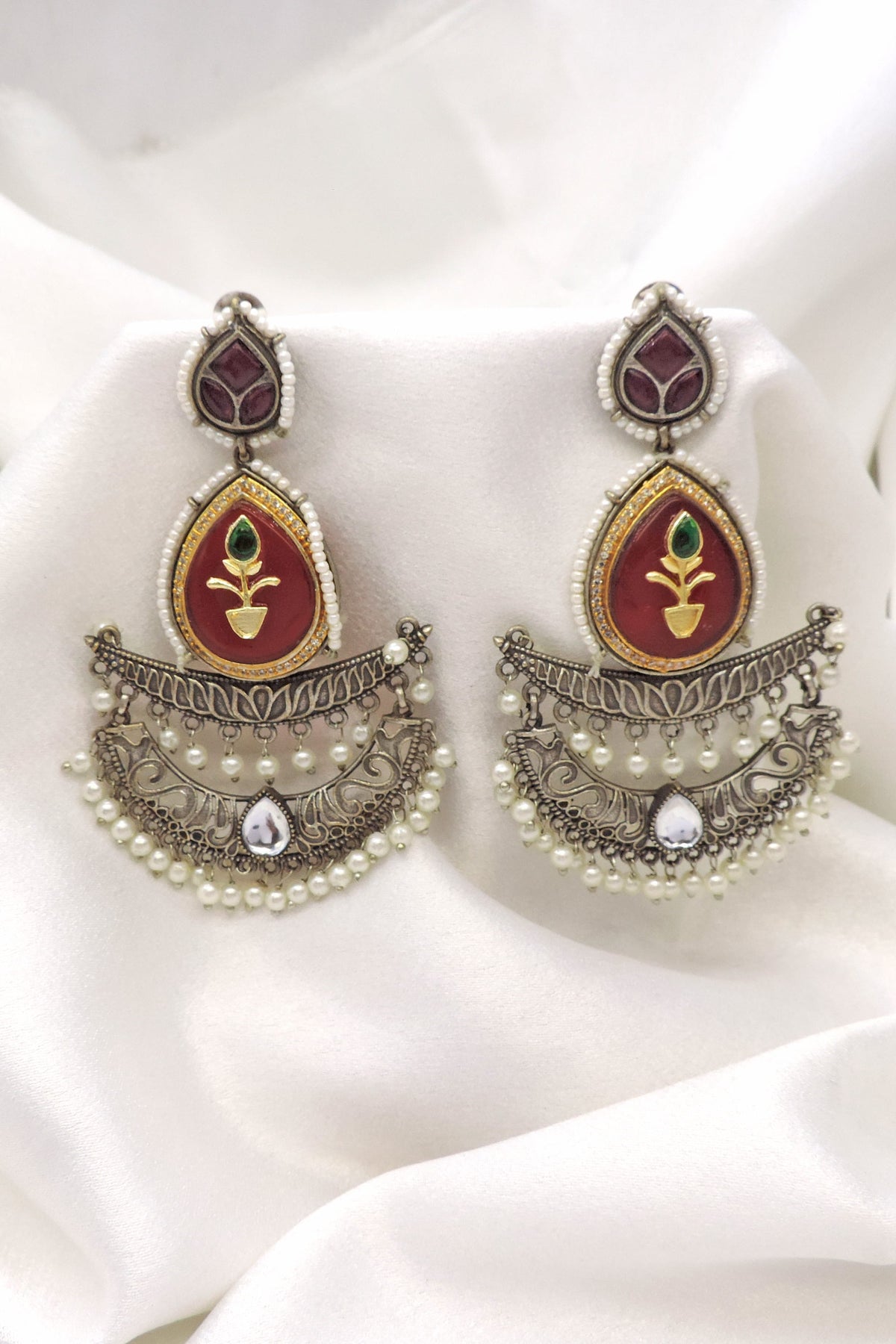 Oxidized Silver Maroon Chandbali Pearl Earrings