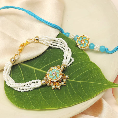 Sky Blue Floral Enamel Pearl Bhaiya Bhabhi Rakhi Set