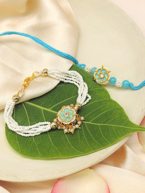 Sky Blue Floral Enamel Pearl Bhaiya Bhabhi Rakhi Set